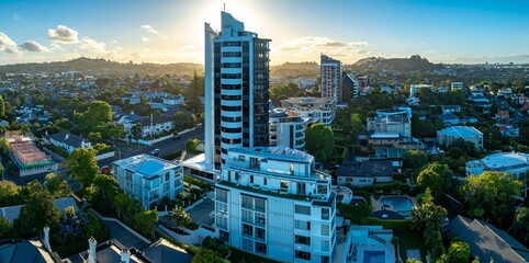 Modern architecture in Remuera, Auckland, New Zealand. A tall residential building stands out against the suburban landscape at sunset. © Stefan