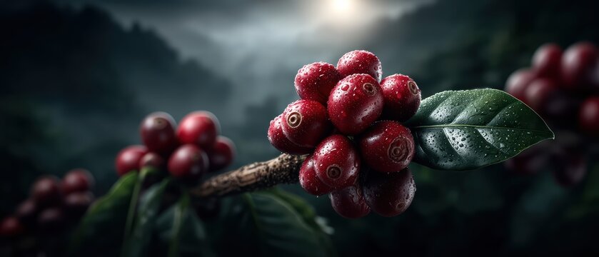 Coffee plantation branch laden with vibrant coffee cherries against a misty jungle backdrop