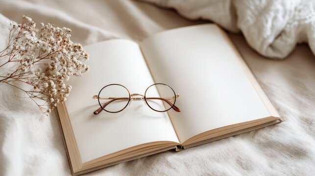 Minimalist flat lay of open book with blank pages