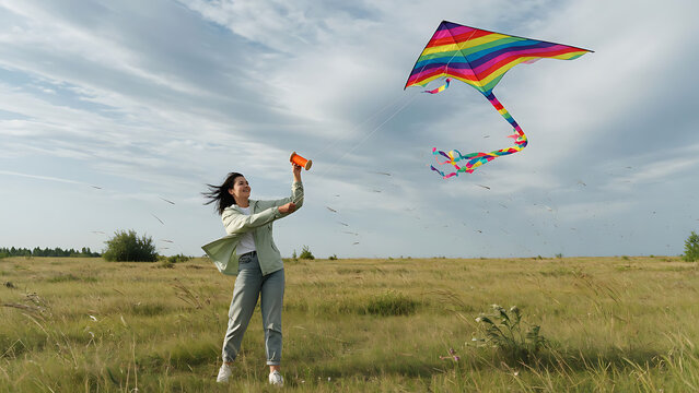 Young woman flying a kite in an open field.