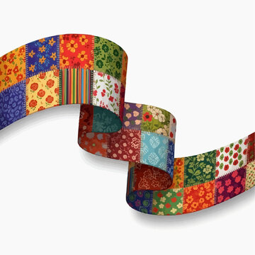 A vibrant, wavy ribbon made from colorful patchwork fabric patterns.