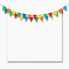 Fototapeta premium A white board is framed by a string of colorful triangular party flags against a light background.
