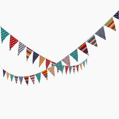 Obraz premium Colorful fabric bunting flags are strung across a white background.