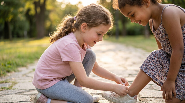Two young girls tying shoelaces while playing outdoors in summer  