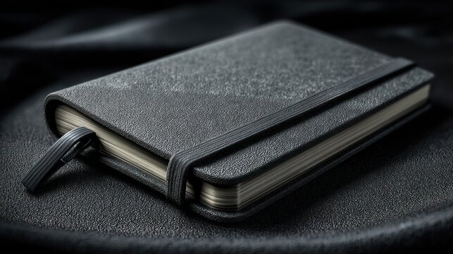 Close up of a dark notebook with elastic band on a textured surface