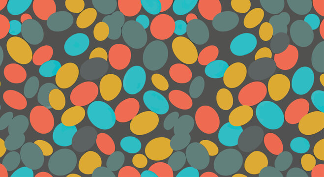 Seamless pattern of overlapping colorful ovals on a dark gray background