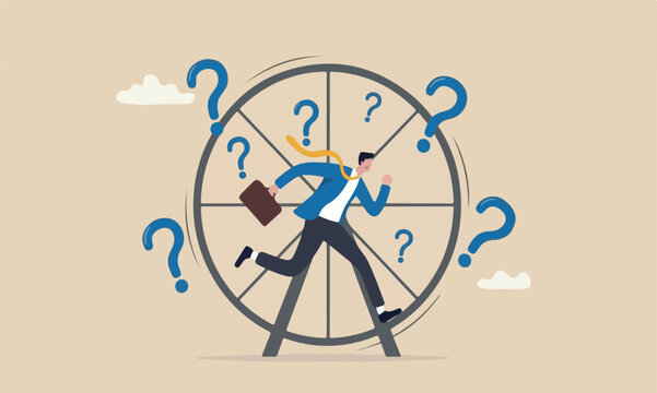 Office salary man ,big cow tried or fatigue of overwork, inefficient or work hard trap that never finish concept, frustrated businessman in hurry running in rat race wheel.