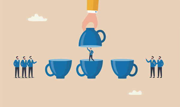 employment, employer meeting teams together hand lifting up the chosen cup to choose candidate businessman guess game cups