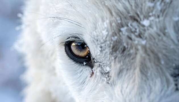 Extreme macro of arctic wolf eye with frost and snow crystals on fur