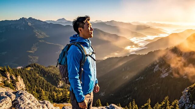 Asian man admiring mountain view at glorious sunrise