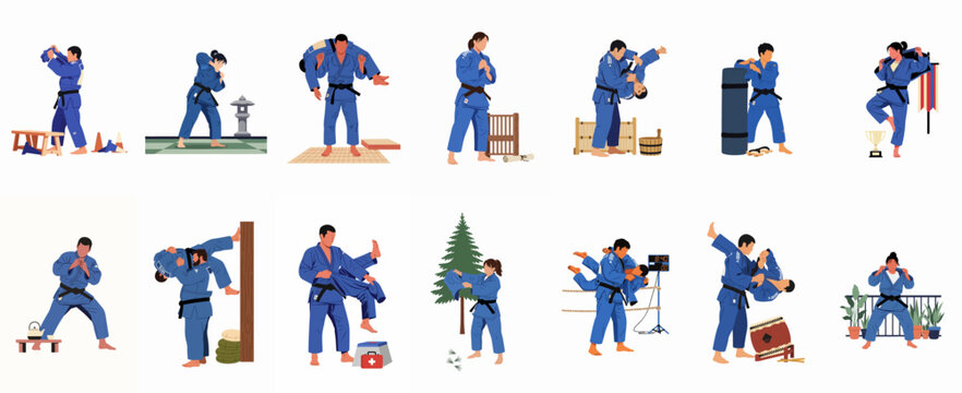 Comprehensive Illustration Set of Judo Athletes Performing Various Techniques and Training Exercises in Traditional Blue Uniforms