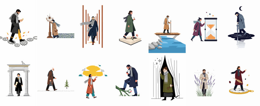 A collection of conceptual flat illustrations depicting metaphorical journeys through time, philosophy, knowledge, and personal discovery.