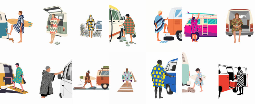 A collection of vector illustrations featuring people wearing patterned surf ponchos next to classic camper vans, representing the van life and surf culture.