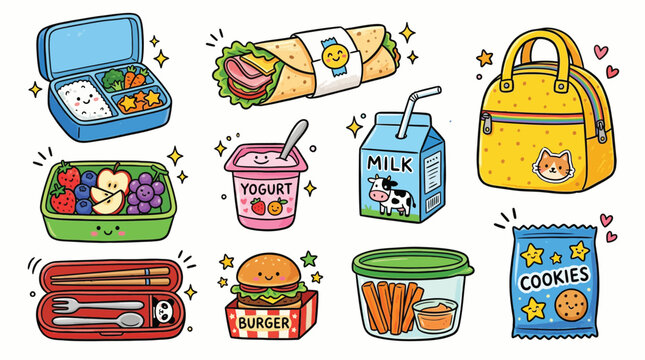 Cute cartoon illustration of various school lunch items including bento boxes, snacks, drinks, and a lunch bag, perfect for kids' meals.