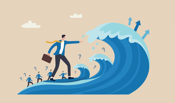 Business trend, initiative thinking to be different and lead to success, trend setter to follow, leading direction concept, businessman on riding trend to arrow
