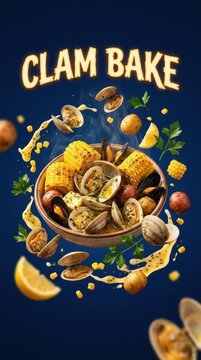 Delicious Clam Bake with Corn and Seafood on Dark Background.