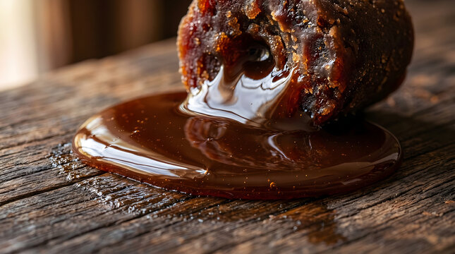 Close-up of dripping brown jaggery or unrefined cane sugar on a wooden surface, showcasing its rich texture and color