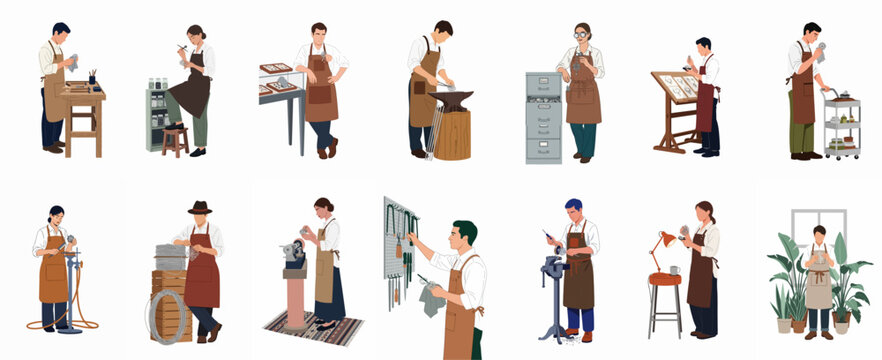 Collection of professional jewelers and artisans working in their workshops, using various tools for metal crafting and jewelry making, flat vector illustration.