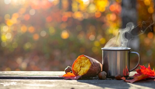 秋のキャンプ風景、木のテーブルに置かれたコーヒーと焼き芋と紅葉、どんぐり、左側にコピースペース