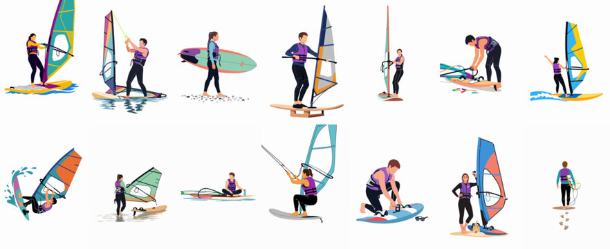Set of vector illustrations featuring men and women windsurfing, carrying equipment, and preparing for water sports on a white background.