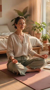 Peaceful Woman Meditating in Soft Golden Light Self Care Moment
