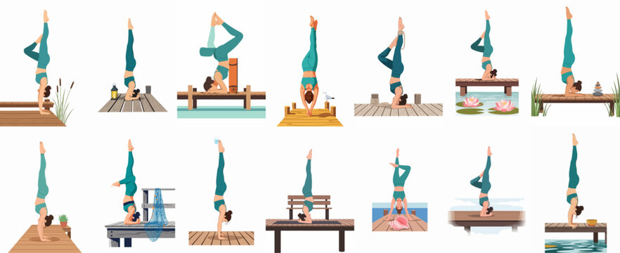 Collection of illustrations featuring a woman performing various yoga inversion poses on wooden piers over water, each with unique serene elements and props.