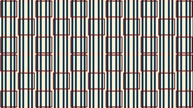 A repeating geometric pattern featuring vertical navy blue stripes on a cream background with a superimposed grid of thin dark red square outlines.