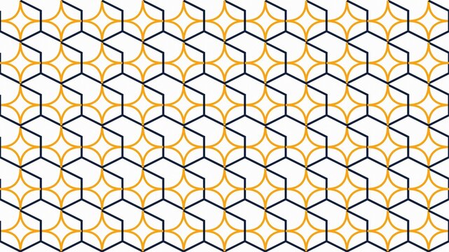 Modern seamless pattern design featuring black hexagonal line work and stylized yellow four-pointed stars on a white background for textiles or wallpapers.