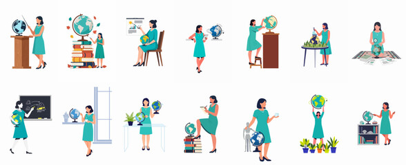 Flat vector illustration set of a female teacher or geographer teaching geography and ecology with globes and books. © Cristina