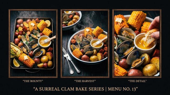 Surreal Clam Bake Series Culinary Delights and Gourmet Seafood.