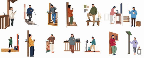 Collection of diverse characters engaged in remote work, content creation, and creative projects in cozy outdoor and cabin settings, wearing casual fleece clothing. © Cristina
