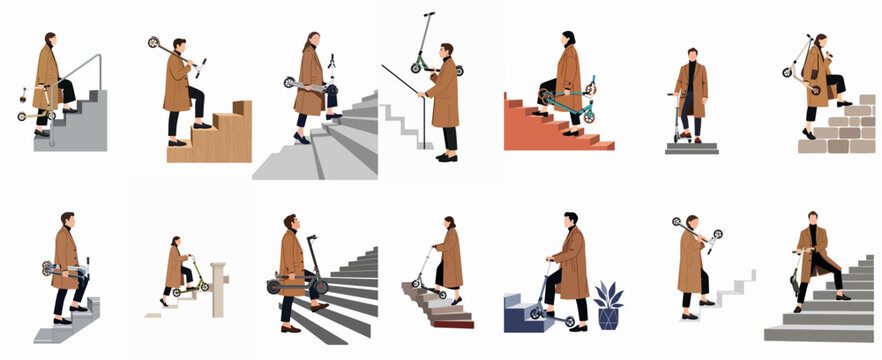 Set of illustrations depicting people in coats carrying or pushing electric scooters up and down various staircases, showcasing urban mobility challenges.