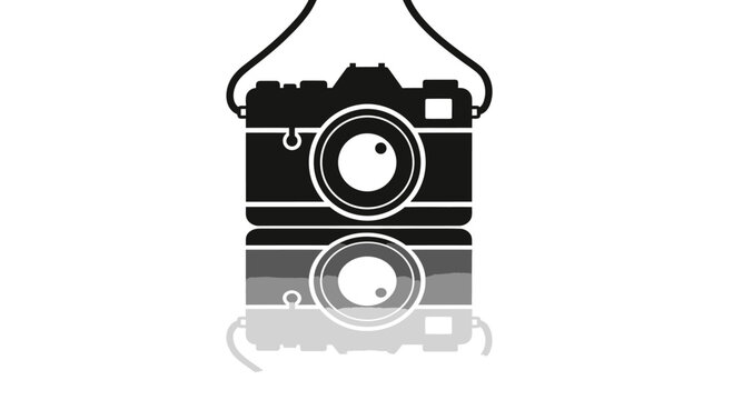 Silhouette of a vintage camera and its grayscale reflection hanging by a strap