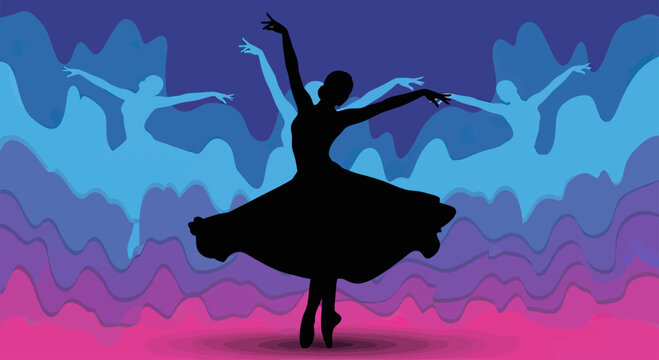 Silhouette of a ballerina twirling against a backdrop of dancing figures