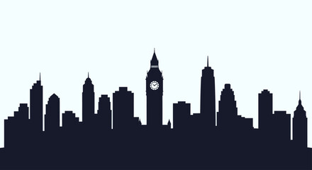 Obraz premium Dark silhouette of a city skyline with a prominent clock tower under a light sky