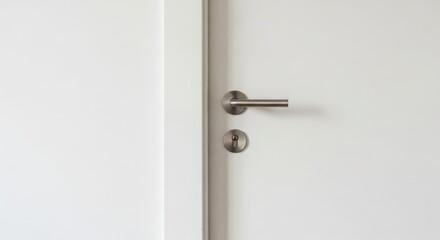 Fototapeta premium A modern metal door handle and lock mechanism on a minimalist white interior door