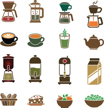 This image features a well-crafted collection of coffee and beverage-themed icons, showcasing various brewing methods and drink styles. The set includes pour-over coffee makers, French press, drip bre