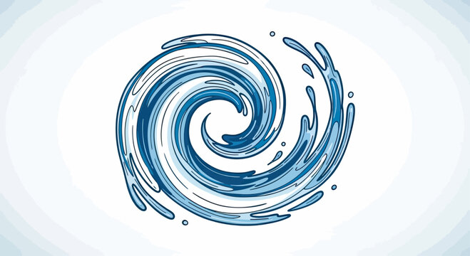 Dynamic blue water vortex with splashes against a light background
