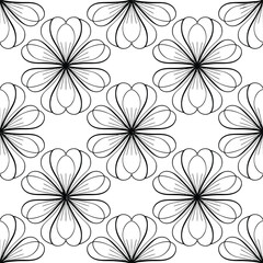 Obraz premium Black and white outline pattern of eight-petaled flowers on white