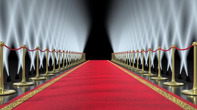 Red Carpet with Gold Stanchions, Moving Spotlights and Flashing Lights - 3d 4k animation (3840 x 2160 px)