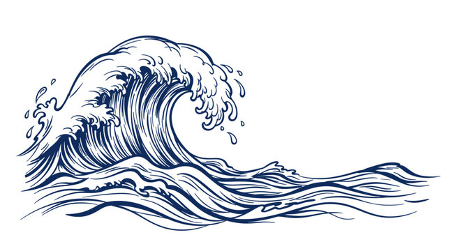 Dynamic dark blue ink illustration of a crashing wave with frothy crest