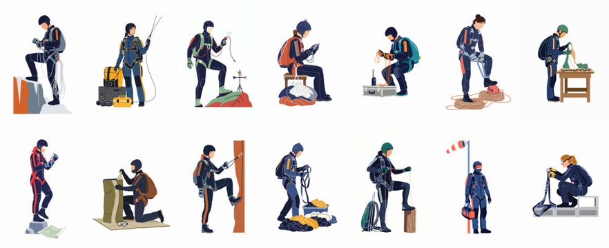 Flat Illustration Set of Professional Skydivers and Extreme Sports Athletes Preparing Equipment and Gear for Jumping, Climbing, and Safety Operations