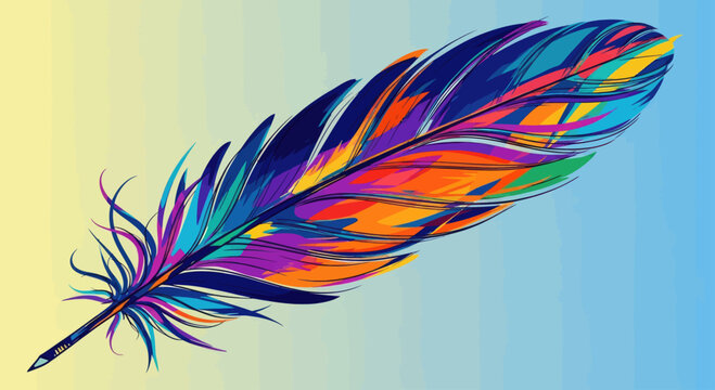 A vibrant, abstract feather bursts with bold colors against a soft gradient background