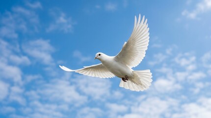Obraz premium white dove spreading its wings against a blue sky background made by AI generative