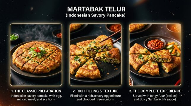 Delicious Indonesian Martabak Telur Savory Pancake Food Photography.