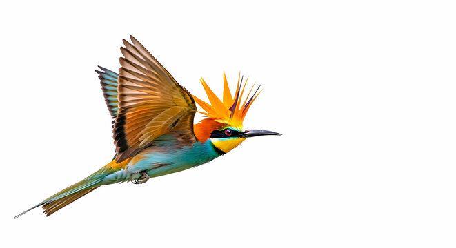 A vibrantly colored European bee-eater bird, with stunning plumage and a distinctive crown, gracefully flies against a white background.