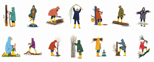 Set of illustrations depicting people in raincoats and boots gathering wood, planting trees, and working with branches in a wetland environment. © Cristina