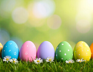 Fototapeta premium Colorful Easter eggs in grass with flowers.