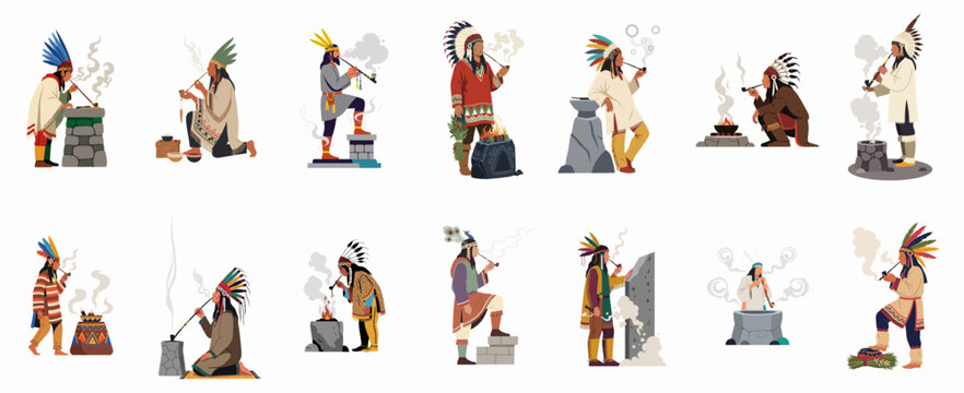 Vector illustration set featuring diverse Native American characters in traditional attire, smoking peace pipes and performing smoke rituals against a white background.