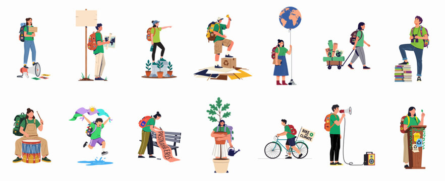 Flat Vector Illustration Set of Diverse Young Activists Advocating for Environmental Protection, Sustainability, and Climate Change Action through Various Peaceful Protests.